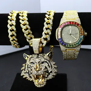 HipHop watch gift set Tiger Pendant Necklace for Men Iced Out watch man Cuban Link Chains Luxury watches for men Jewelry sets