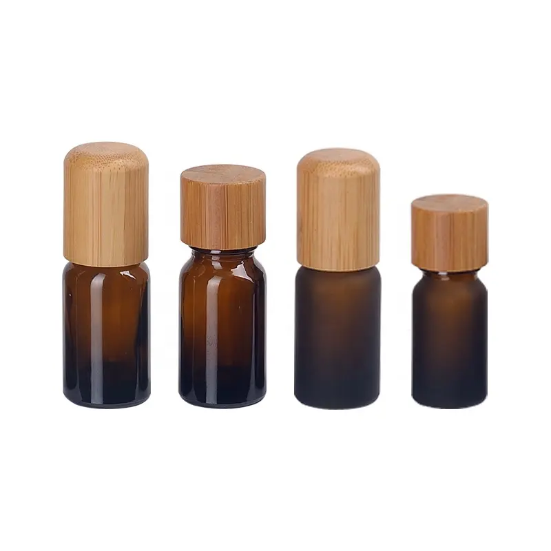 10ml amber cam uçucu yağ şişesi buzlu amber kahverengi cam şişe ile 18mm bambu ahşap vidalı kapak için uçucu yağ