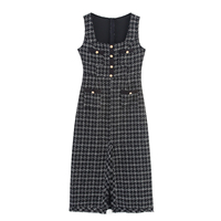 Ensemble 2 pièces pour femme en tweed, robe sans manches à col carré noir, blazer à col cranté à manches longues et boutons, style décontracté et tendance