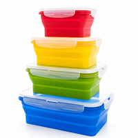 Boîte à lunch rectangulaire pliable en silicone colorée avec couvercle verrouillable 350 500 800 1200ml, récipient alimentaire pliable compatible micro-ondes
