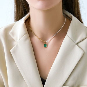 Collar con colgante cuadrado de turquesa vintage, collar con colgante de cadena empalmada de acero inoxidable 316L con perlas asimétricas para mujer - Product Image 4