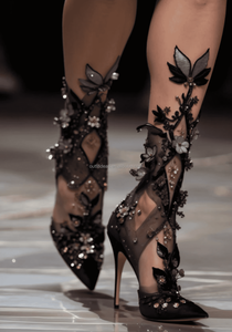 Seksi Siyah 3D Çiçekler Düğün Taklidi Ayak Bileği Topuklu Siyah Dantel Çiçek Kristal İnci Topuk Sandalet Siyah Gelin Düğün Ayakkabıları - Product Image 4