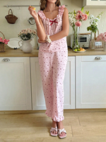 Ensemble de pyjama sans manches à volants pour femme, en coton modal, imprimé cœurs roses, vêtements de détente doux avec ourlet à volants