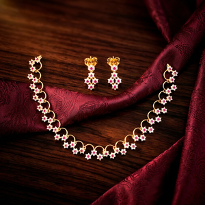 Elegant Matte Gold CZ Crystal Star Flower Chain <b>Necklace</b> Set Small Drop Earrings <b>Ruby</b> Pink Stone Minimalist Indian Jewelry - Product Image 1