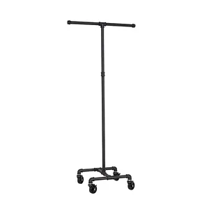 Jh-mech Hot-Bán Kim Loại Phong Cách Công Nghiệp 2 Way Ống Quần Áo Giá Heavy Duty Rolling May Rack Với Bánh Xe