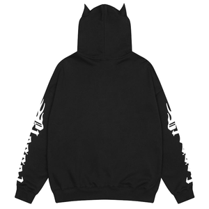 Sudadera con Capucha de Cuerno de Diablo Negro |   Sudadera estilo Y2K Punk Goth Streetwear |   Estampado tribal blanco con diseño de llamas en las mangas |   Sudadera extragrande de estilo estético - Product Image 1