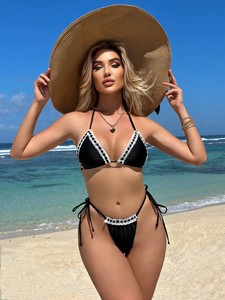 Maillot de bain triangle noir pour femme, mini micro bikini brésilien floral, ensemble bikini dos nu, tenue de plage - Product Image 5