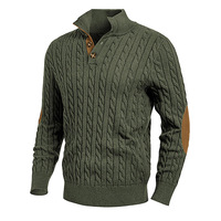 Pull en tricot torsadé pour homme, vert militaire, col montant boutonné, avec empiècements en daim, coupe ajustée, pour l'automne et l'hiver
