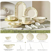 Service de table en porcelaine Wisteria, imprimé floral, ensemble complet 13/24/31 pièces, bord festonné durable, pour 2 à 6 personnes, cadeau de cuisine