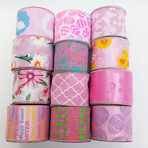 Pink Spring Custom Wired Edge Satin Ribbon Color 2.5 Inch Wired Ribbon For Garland Party Birthday Decoration Linen Ribbon