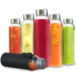 F Fashion 16Oz Heldere Glazen Waterflessen Herbruikbare Glazen Juicing Flessen Met Beschermhoes Met Roestvrijstalen Lekvrije Deksels