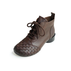 Botines Tejidos para Otoño/Invierno, Plataforma Retro, Cuero Genuino, Punta Hecha a Mano, Tacón Bajo, Tacón Cuadrado, con Cordones - Product Image 5