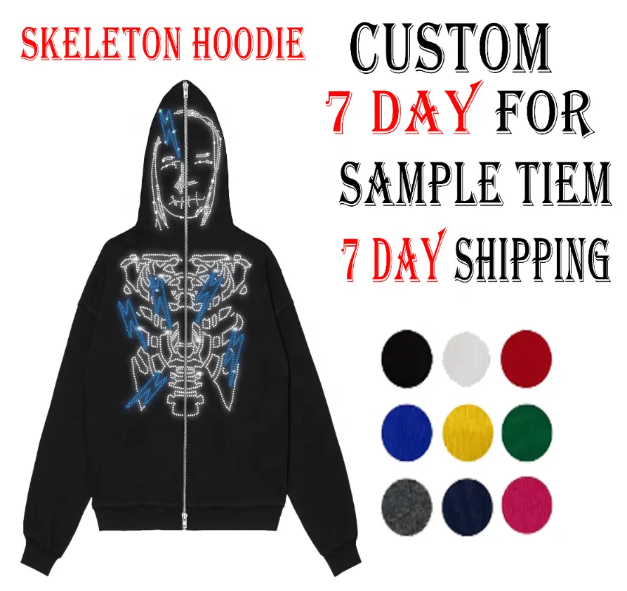 Y2K high quality Custom Logo 100% Polyester Transfers black cardigan jacket full face zip up skeleton rhinestone zipper hoodie