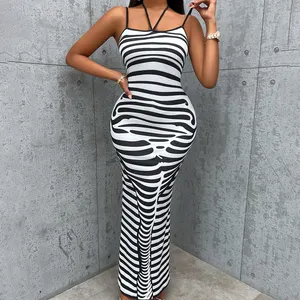 New Design Street Elegant Casual Black White Sleeveless Halter Spaghetti Strap Bodycon Maxi Printed Dress