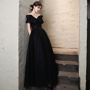Off The Shoulder Black Evening Gown Empire Waist Ball Gown Organza Long Dress For Banquets Runway Events - Product Image 5