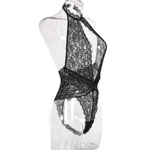 חתיכה אחת סקסי ארוטי בחשיפת שחור ללא משענת דובונים Lingeries תחרה רשת שקוף Bodysuits הלבשה תחתונה
