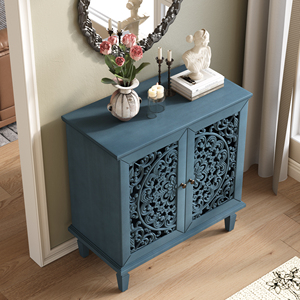 Vintage Hollow Carved Accent <b>Cabinet</b> 2 Door <b>Display</b> Storage <b>Sideboard</b> Symmetrical Floral Design Adjustable Shelf - Product Image 2