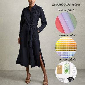 Nhà Máy OEM Thanh Lịch Dài Tay Áo Chính Thức <span class=keywords><strong>Dresses</strong></span> Phụ Nữ Tùy Chỉnh Màu Rắn Nút Up Phía Trước Belted Midi Dress - Product Image 1