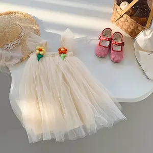 Gaun putri anak perempuan, Gaun jala bunga yang indah, gaya musim panas 2023, rok berbulu halus