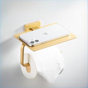 Porte-serviettes rectangulaire 20 cm finition or brossé, support de téléphone pour salle de bain, distributeur de papier toilette - Product Image 1
