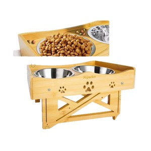 Wooden <b>dog</b> feeding <b>bowl</b> <b>stand</b> with double <b>bowls</b> for drinking and eating, adjustable height to protect the cervical spine. - Product Image 2