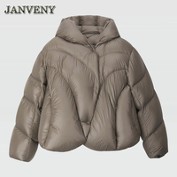 JANVENY Nouvelle veste d'hiver légère et moelleuse pour femme, couleur unie, parka épaisse et chaude à capuche, 90% duvet de canard blanc, veste décontractée