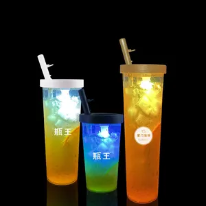 500ML 700ML 1000ML Plastic PET Honey Bubble Soda Water Juice Beverage Juice LED Light Container With Lid Cup