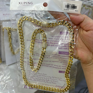 مجوهرات XUPING بالجملة، طقم سلسلة وسوار كوبان لينك مطلي بالذهب، نحاسي، مرصع بالكريستال، بتصميم هيب هوب عصري - Product Image 1
