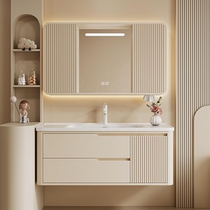 <span class=keywords><strong>Mobile</strong></span> <span class=keywords><strong>Bagno</strong></span> Sospeso Stile Crema con 2 Cassetti, Lavabo Integrato in Ceramica e Specchio Smart LED Antiappannamento - Product Image 1