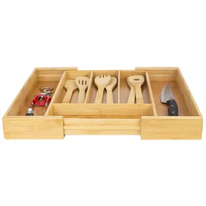 Plateau à ustensiles en bambou filé extensible Plateau à couverts en bambou spacieux pour l'organisation de la cuisine - Product Image 3