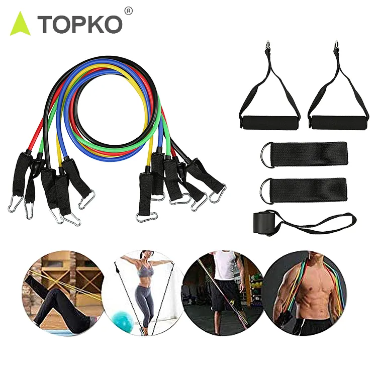 TOPKO hot selling fitness exercises 11pcs 150lbs heavy tpe latex resistance band and tube set