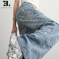 Pantalones Vaqueros Holgados LARSUR, Diseño Personalizado de Fábrica, Impresión 3D DTG/DGT, Trompe L'oeil, con Perlas y Gemas, Estilo Informal, para Mujer