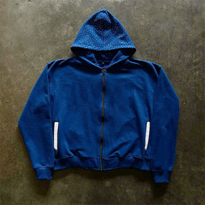 Manufacturer's Heavyweight 100% Cotton Mens <b>Zip</b>-up Hoodie Distressed Applique Embroidery Custom Rhinestones Boxy Pattern <b>Hooded</b> - Product Image 1