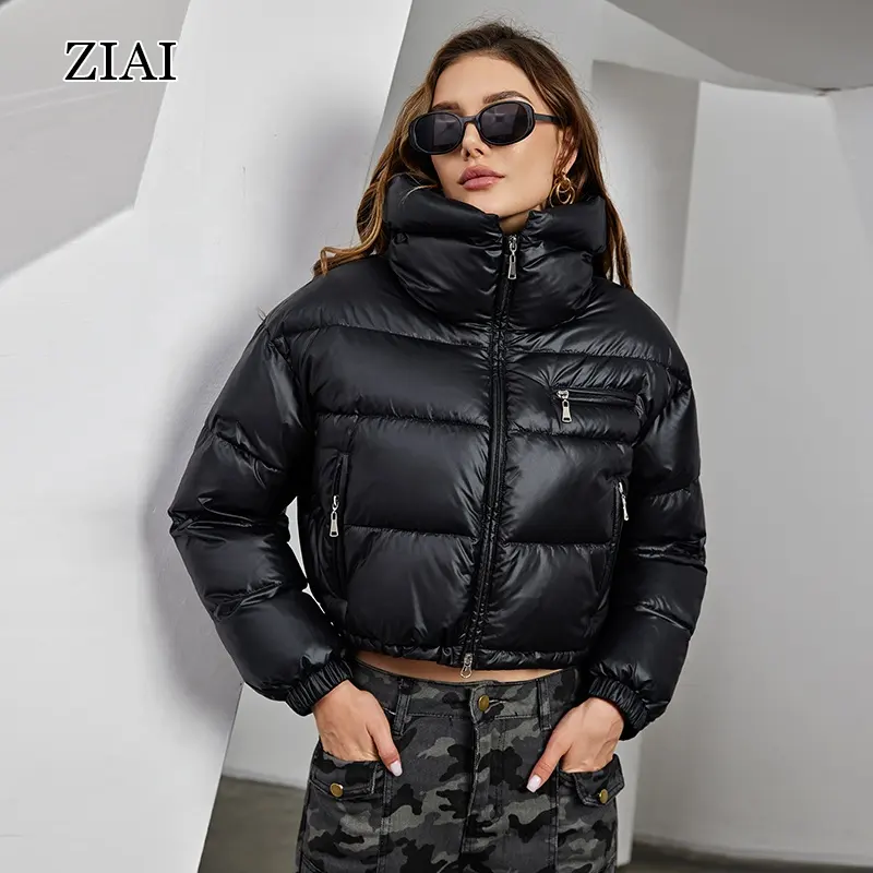 Модная теплая блестящая пуховая куртка черная короткая женская стеганая куртка пуховик