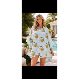 Camisa de mujer con botones y mangas tipo kimono, estampado de peras a rayas azul claro, corte holgado informal, top de primavera y verano - Product Image 6