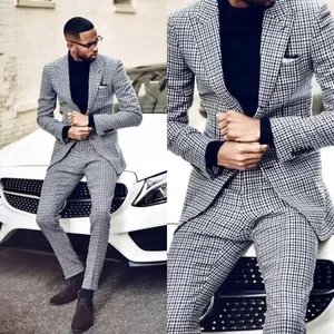 Trajes de boda de cuadros negros y blancos para hombre, esmoquin de estilo británico, ropa ajustada para el novio, cena, Blazer Vintage para fiesta de graduación, traje, chaqueta, pantalones