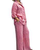 Ensemble chemise et pantalon pour femme, style vintage, uni, manches longues, boutonné, chemisier et pantalon droit ample, tenue décontractée