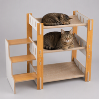 Hamac pour chat à trois niveaux avec cadre en bois, lit pour chat à 3 étages avec échelle, hamacs en tissu rayé, gain de place pour chats de taille moyenne