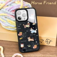 Étui magnétique pour iPhone 17/17 Pro/17 Pro Max/16/16 Pro/16 Pro Max avec motif bovins et chevaux dorés, bordure noire et doublure floquée