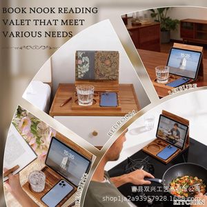 Wooden Foldable Book Rack With Cup Holder And Phone <b>Stand</b> For Desktop Reading Storage - Product Image 3