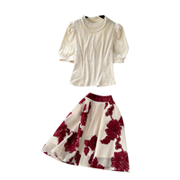 Ensemble élégant pour femmes, été, 2 pièces, haut en velours à manches bouffantes, bordure en perles, jupe courte en maille brodée florale, style A-line