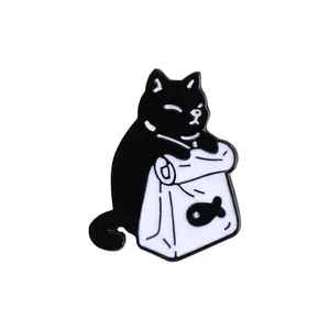 Cute Black And White Cat Cartoon Animal Custom Soft Enamel With Diamonds Gold 3D Lapel Pin