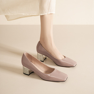 5688-3 Square Toe <b>Block</b> Heel Pumps With Rhinestones Formal Women's Shoes Medium Heel Solid Color Pu Lining <b>Rubber</b> Outsole - Product Image 3