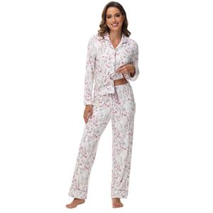 Pijamas de Algodón con Estampado Floral de Manga Larga Personalizados, Conjuntos de Pijamas Personalizados con Ribete, Ropa de Dormir de Bambú para Mujer - Product Image 2
