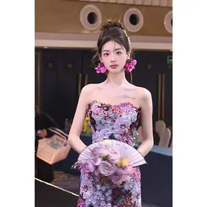 2024 nuevo Vestido largo de lentejuelas con bordado Floral de alta calidad ropa de mujer ajustado Retro púrpura Sexy vestidos elegantes de mujer
