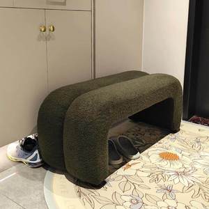 Entryway Shoe-Changing <b>Storage</b> Function Long Minimalist Modern Wood Design Lambswool Upholstery Bedroom Living Room - Product Image 2