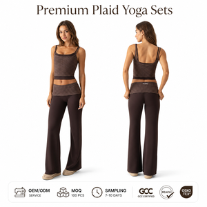Ensemble de yoga et de sport pour femmes Charlo, haut à motifs chic et pantalon évasé à haute élasticité, vente en gros, personnalisation OEM, en vrac, GCC REACH - Product Image 1