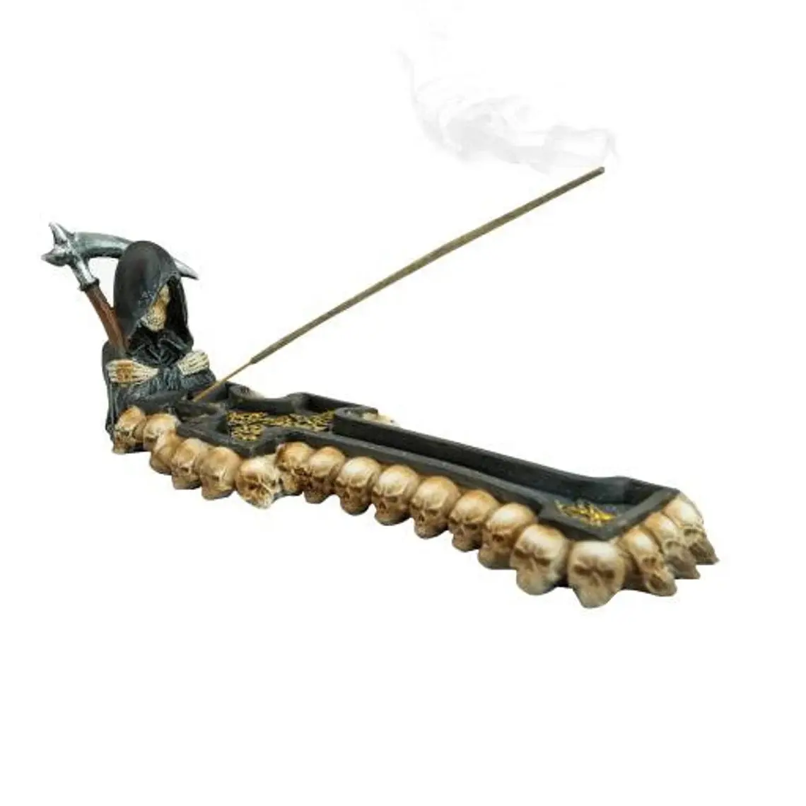 Custom gothic decor resin figurine boat tray incense stand burner grim reaper with skulls flat ash catcher incense stick holder