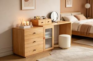 Scandinavian Solid Birch Makeup Vanity With <b>Storage</b> Cabinet And Mirror <b>For</b> Bedroom - Product Image 3