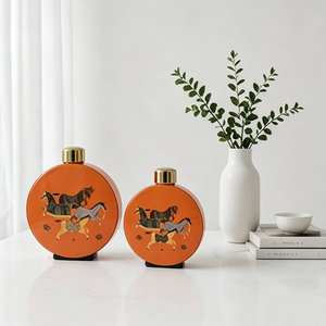 Juego de Botellas Decorativas Redondas de Cerámica Naranja con Tapa Dorada con Diseño de Caballo Vintage, Adorno Oriental para Escritorio, Par de Jarrones - Product Image 4
